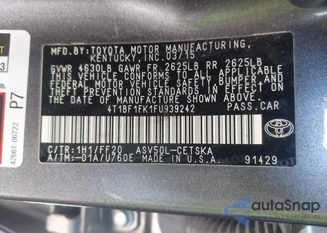 2015 Toyota Camry Se from USA, damaged, VIN 4T1BF1FK1FU939242